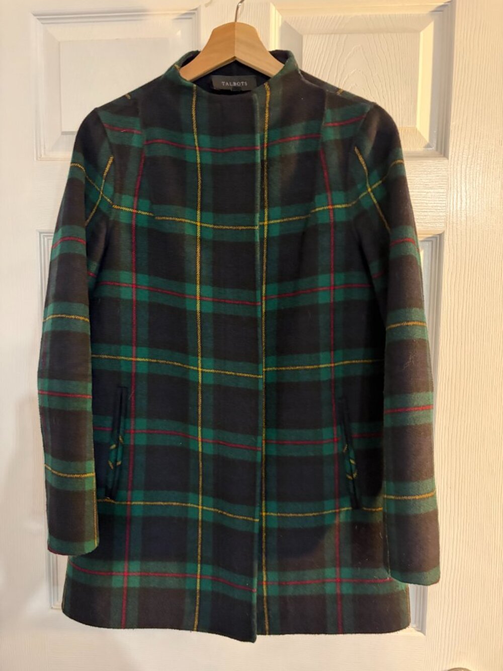 Talbots Black Watch Plaid Wool Blend Car Coat XS Stand Collar Hidden Zip